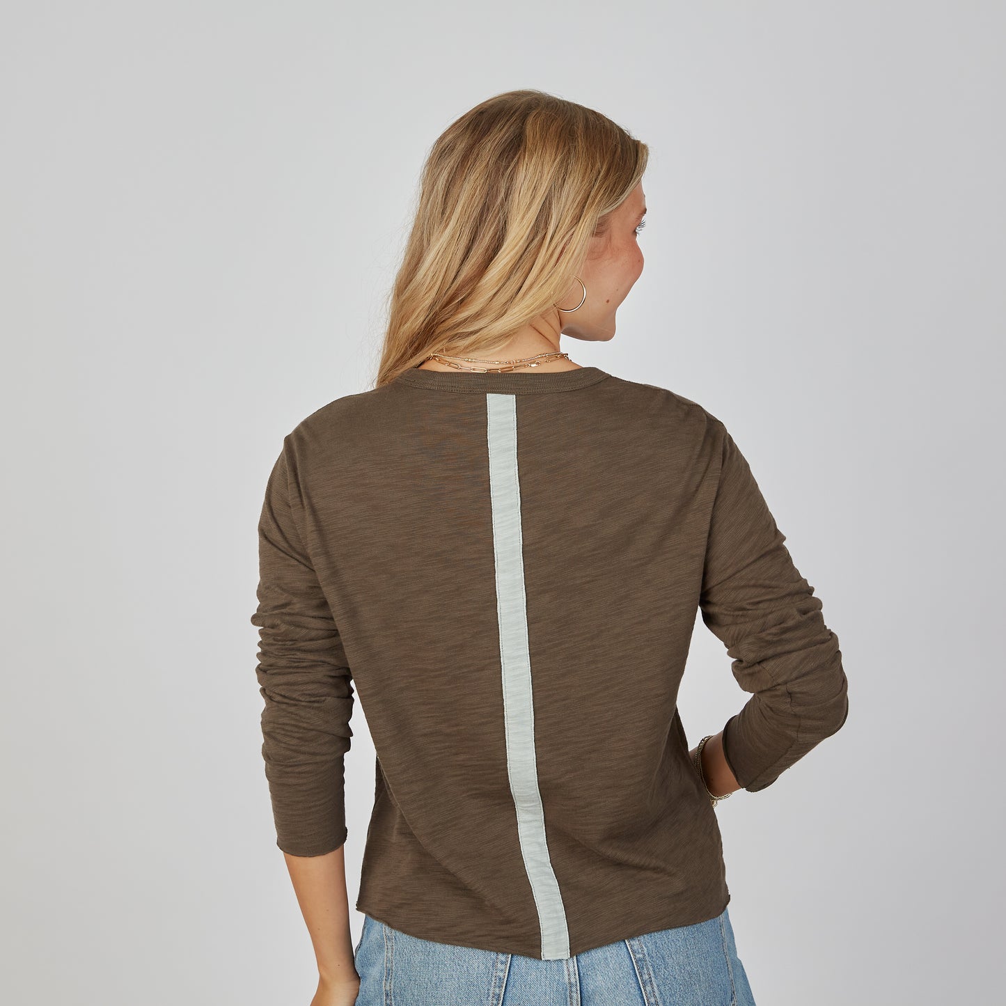 Relaxed Crew in Espresso Brown with Sea Glass Blue Stripe - Long Sleeve erin gray