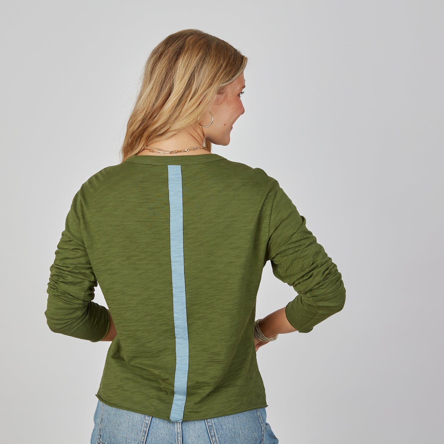 Relaxed Crew in Forest Green with Denim Blue Stripe - Long Sleeve erin gray