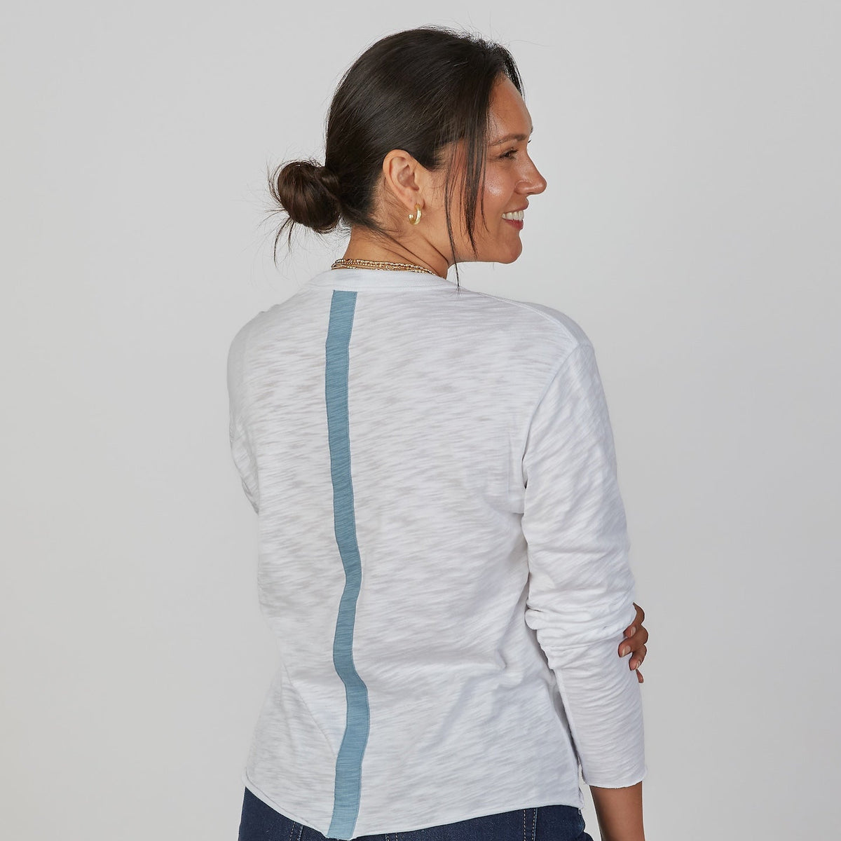 Relaxed Crew in White with Denim Blue Stripe- Long Sleeve erin gray