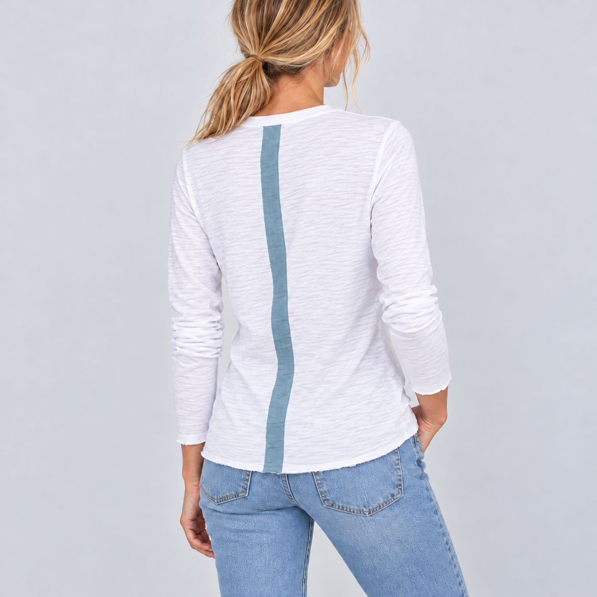 Relaxed Crew in White with Denim Blue Stripe- Long Sleeve erin gray