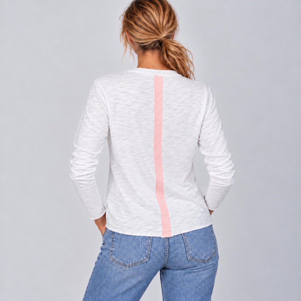 Relaxed Crew in White with Pink Stripe - Long Sleeve erin gray