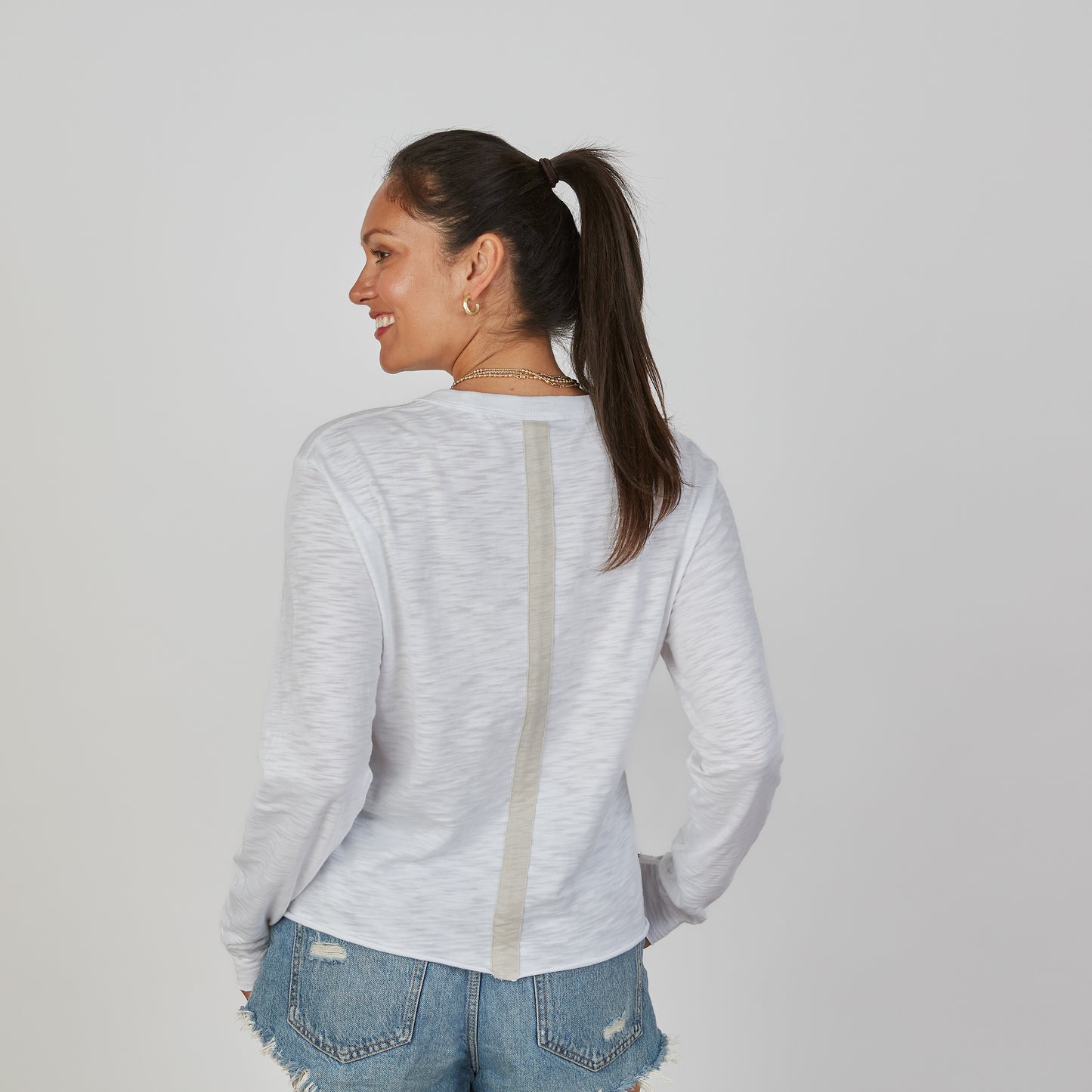 Relaxed Crew in White with Oyster Stripe - Long Sleeve erin gray