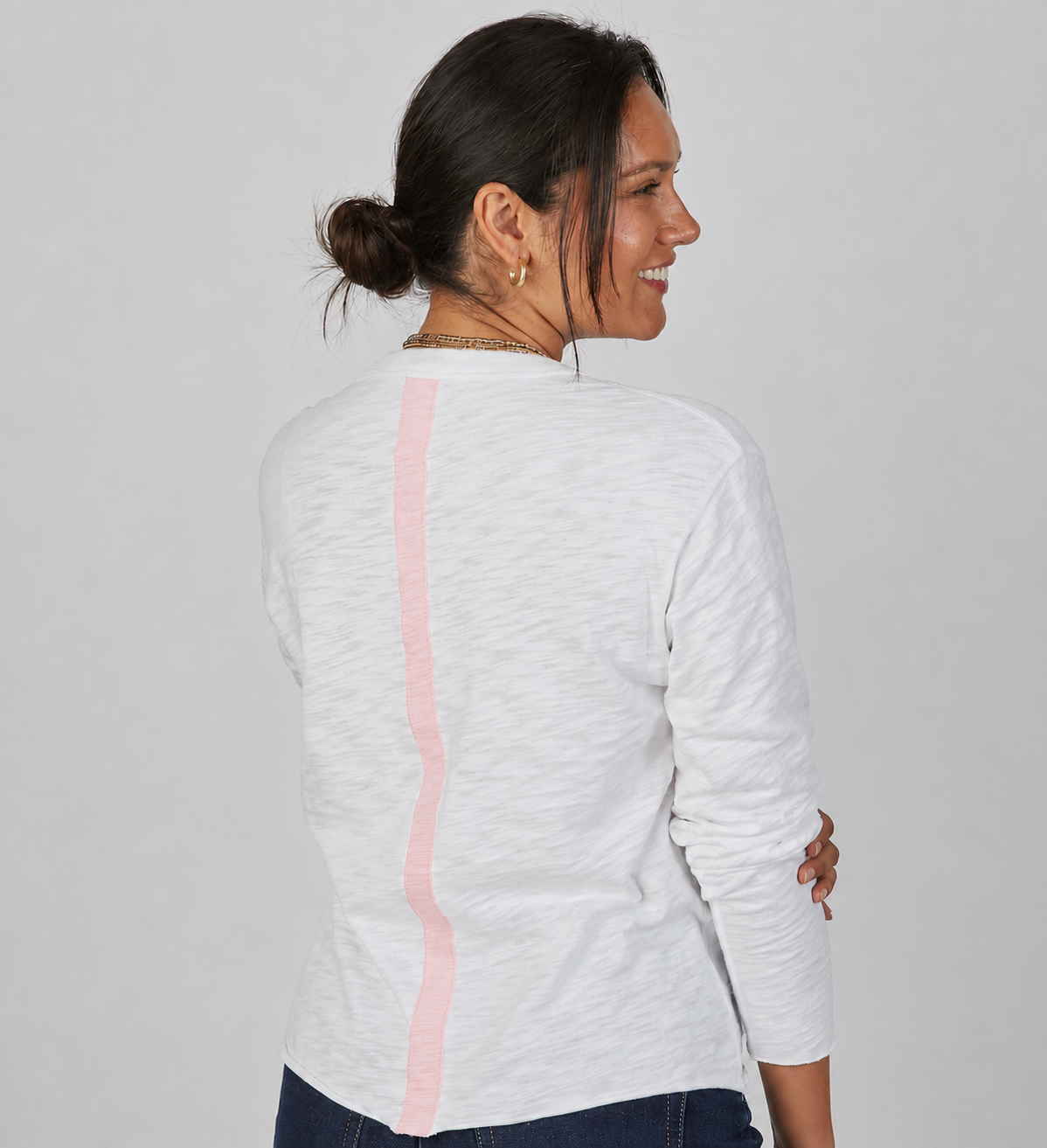 Relaxed Crew in White with Pink Stripe- Long Sleeve erin gray