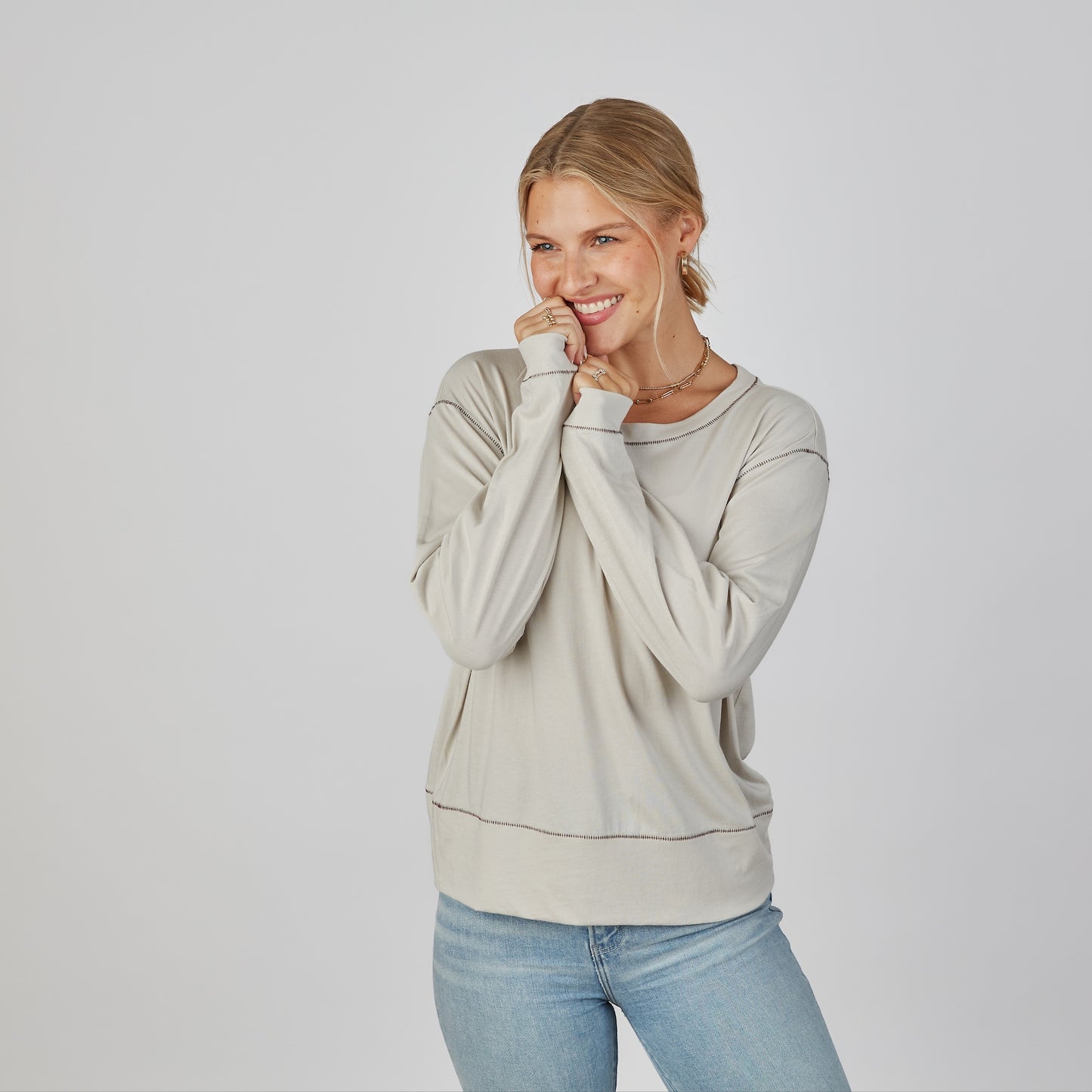 Studio Tee in Oyster and Brown - Long Sleeve erin gray