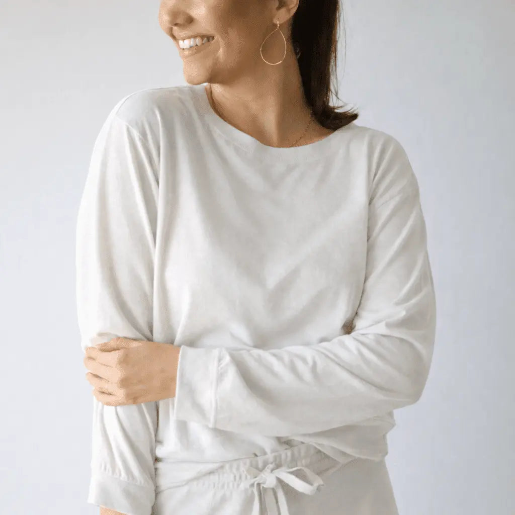 Long sleeve Studio Tee in oyster and brown by erin gray, featuring a relaxed fit and soft fabric, displayed on a model.