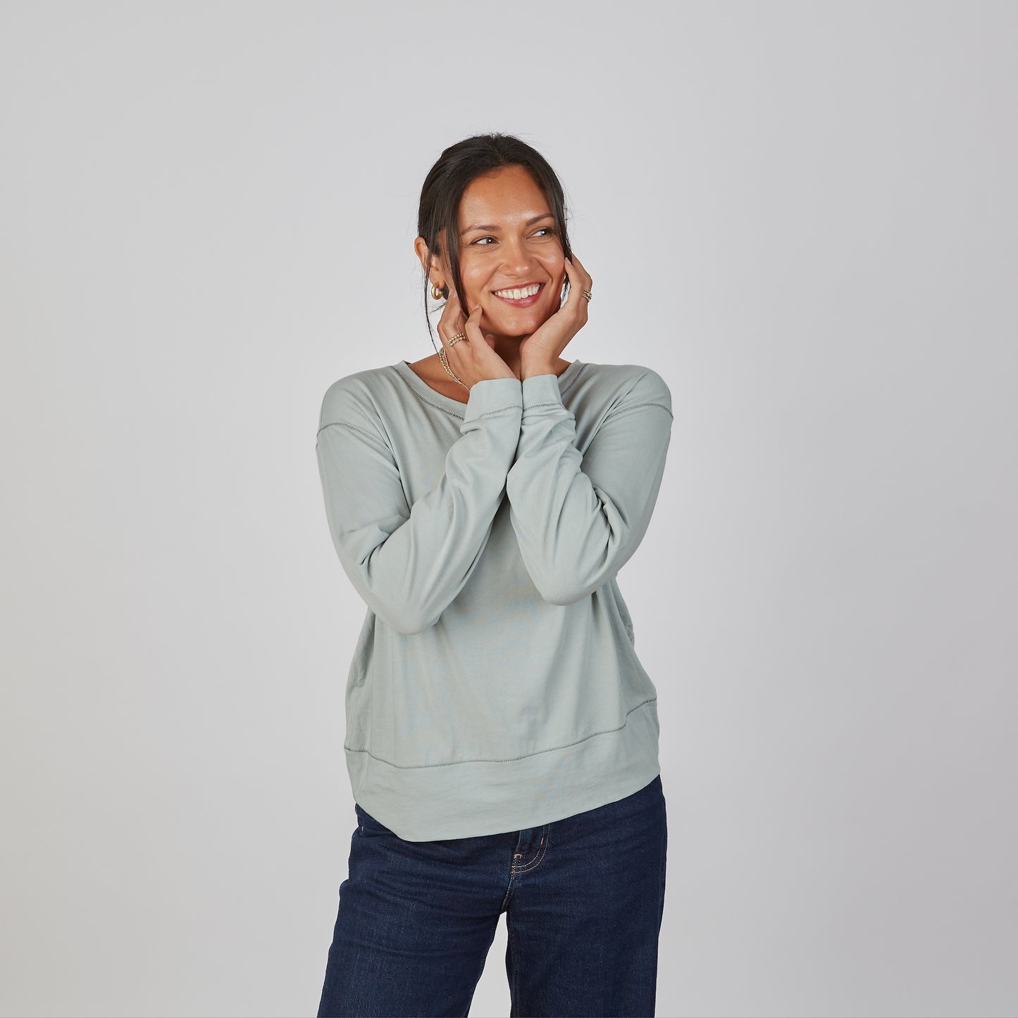 Studio Tee in Sea Glass Blue and White - Long Sleeve erin gray