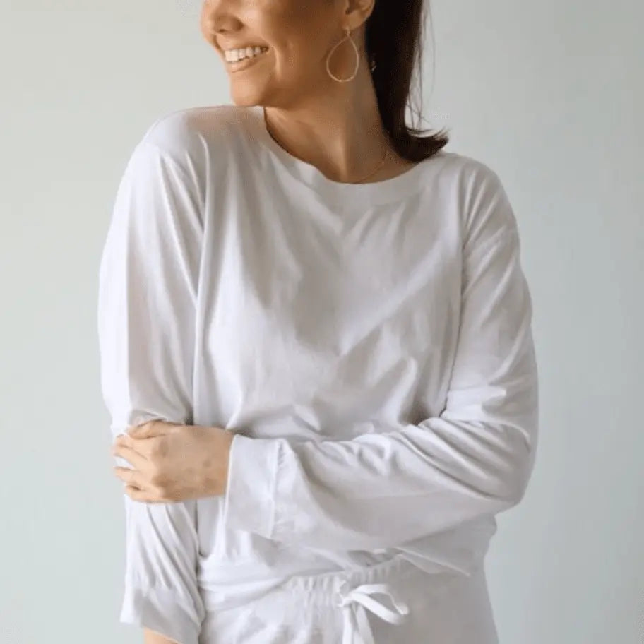 Long sleeve Studio Tee in white and blue by erin gray featuring a casual, comfortable fit and minimalist design.