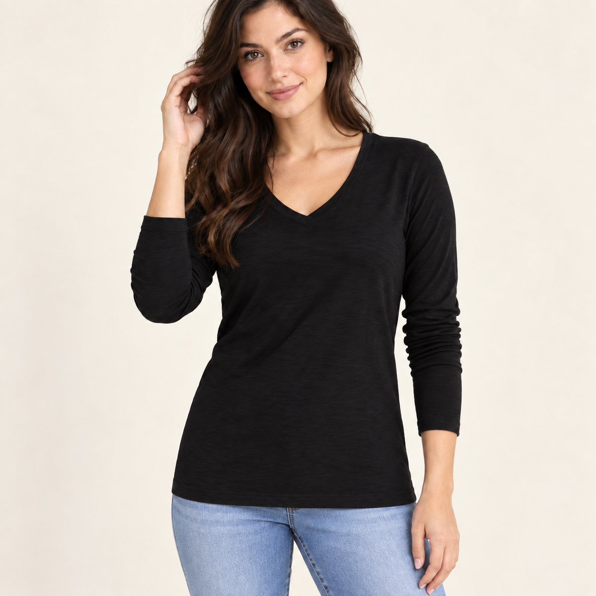 Long Sleeve CYA V in Black Pima Cotton Slub erin gray