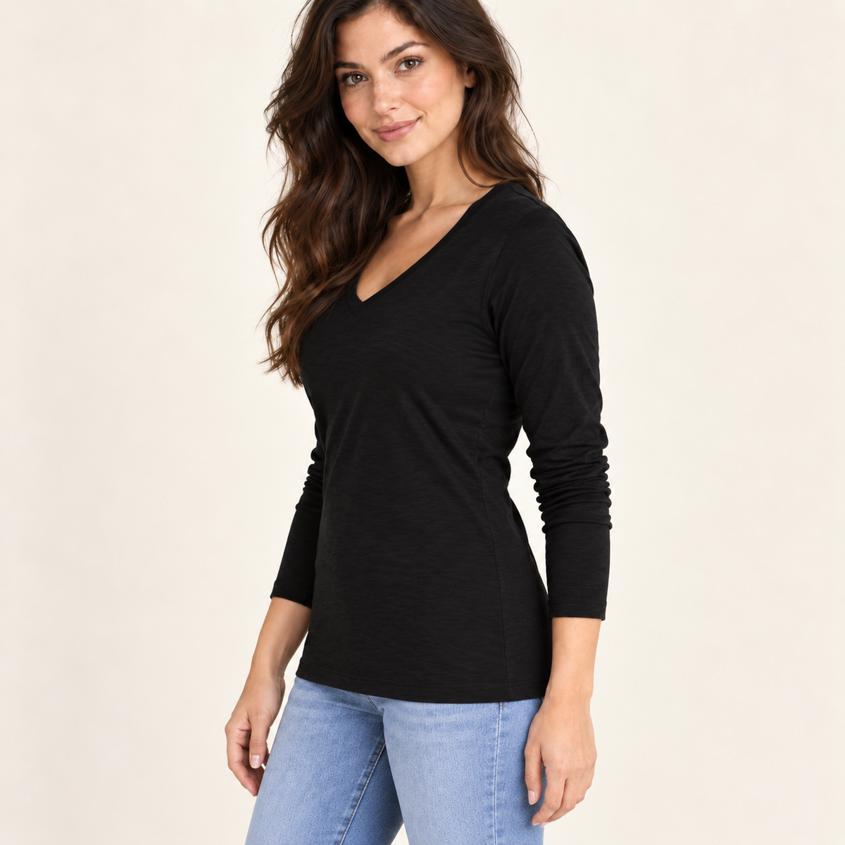 Long Sleeve CYA V in Black Pima Cotton Slub erin gray