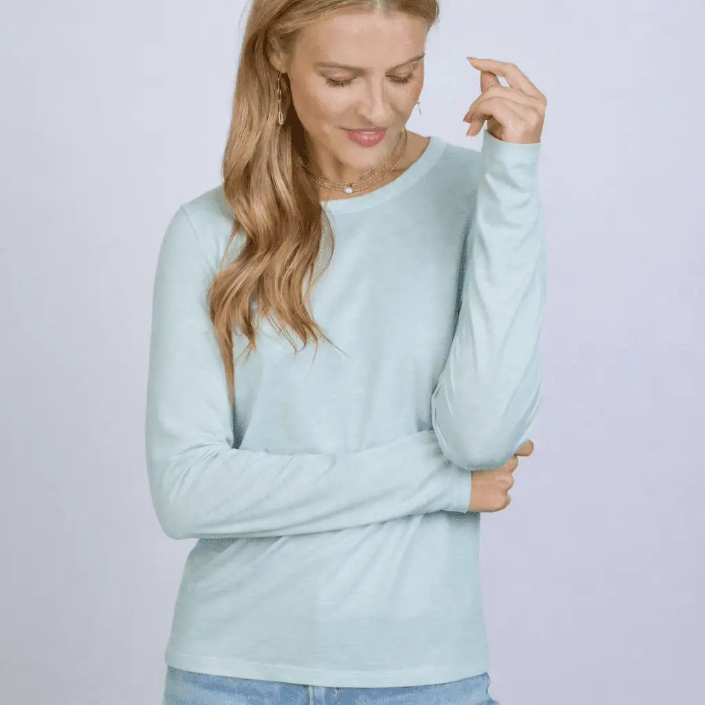 Long sleeve Weekender Tee in Sea Glass Blue by erin gray, showcasing soft fabric and relaxed fit for casual wear.