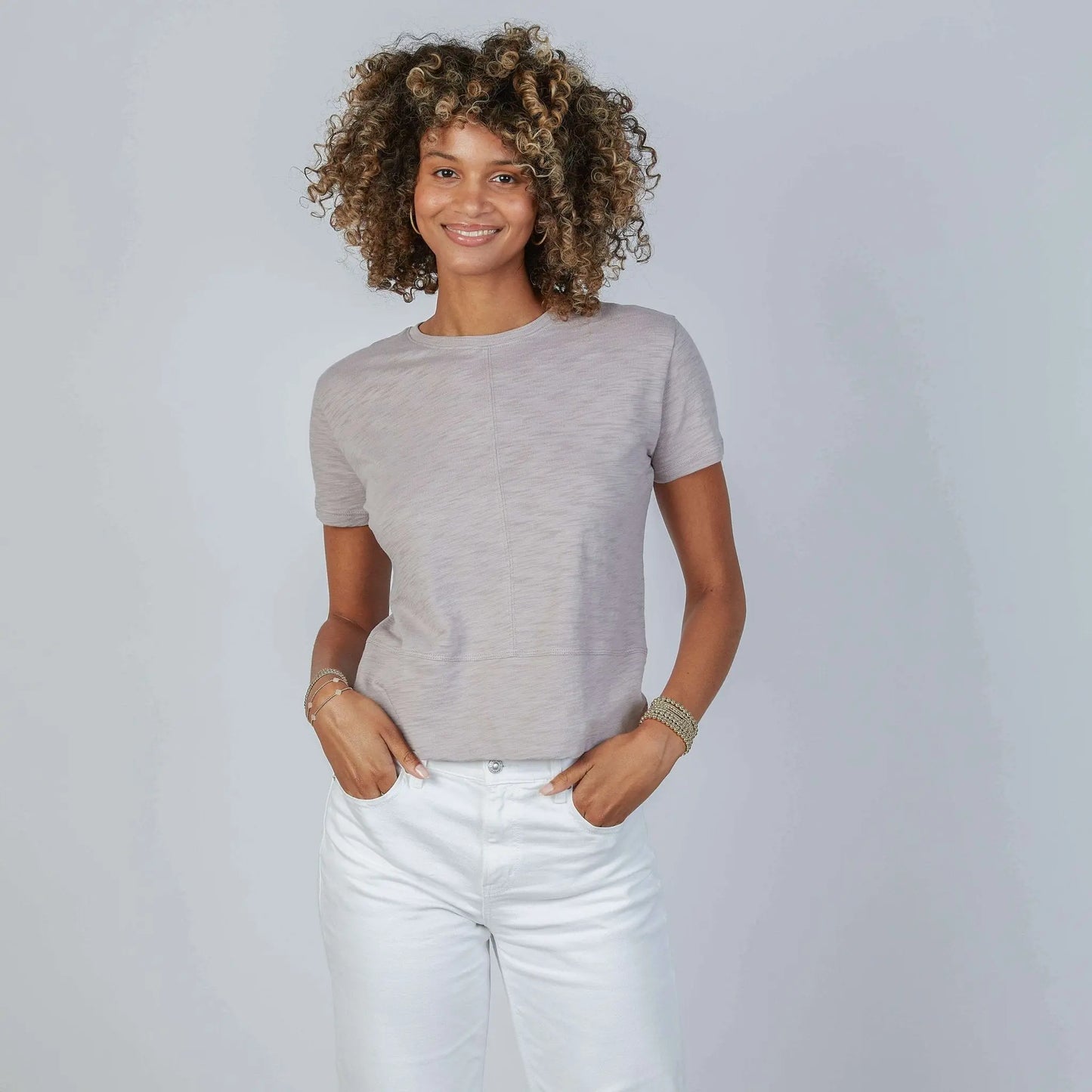 Short sleeve Celia Perfect Length Tee in Dusty Lilac by erin gray, showcasing a soft, fitted women's casual top.