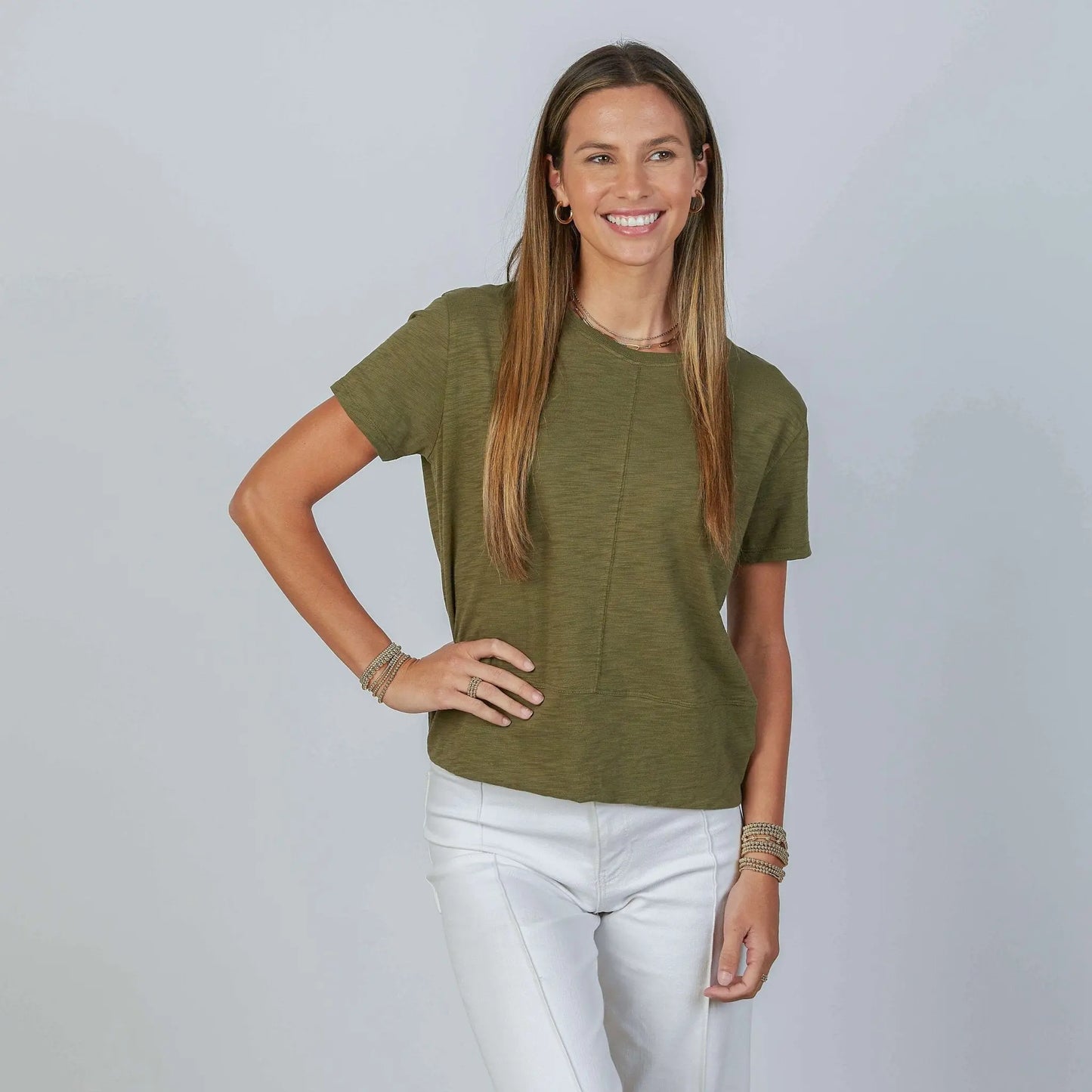 Olive green Erin Gray Celia Perfect Length Tee in short sleeve, casual women's apparel, displayed on a hanger.