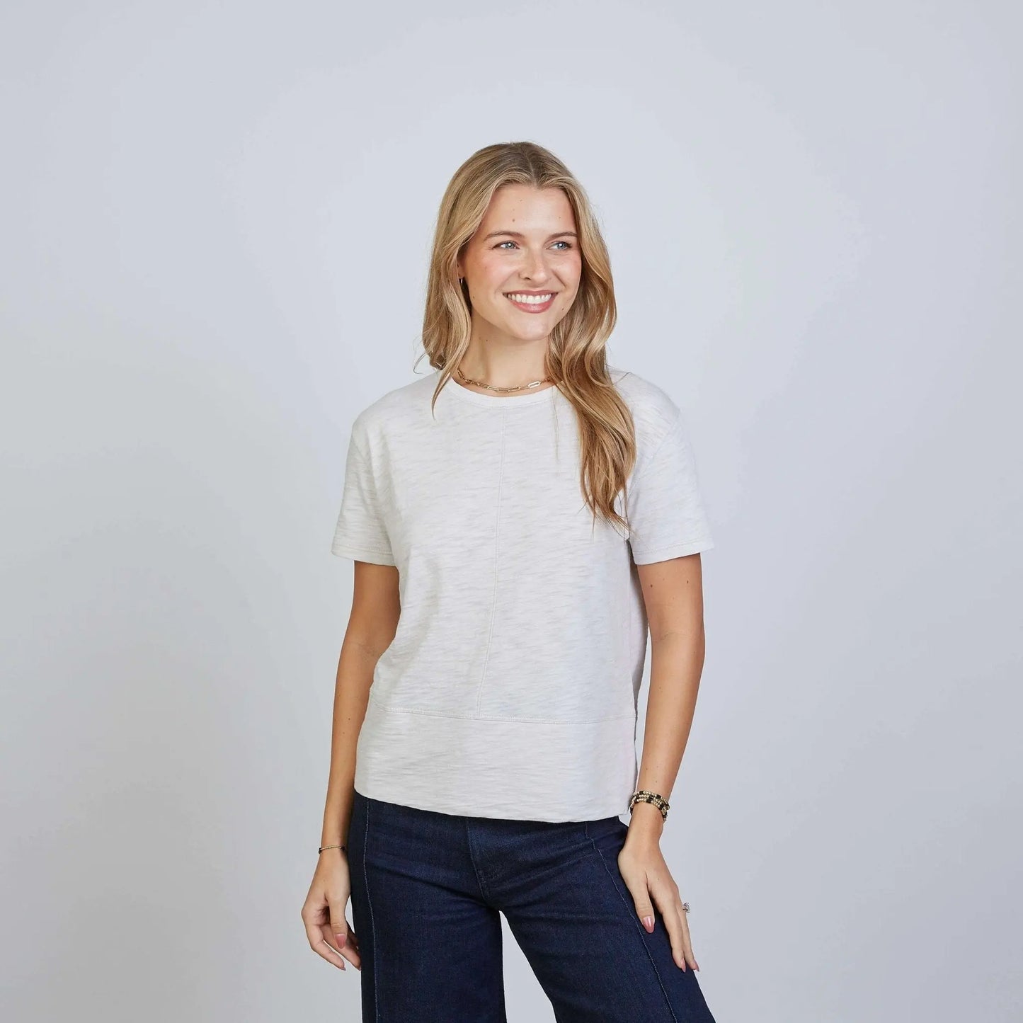 Erin Gray Celia Perfect Length Tee in Oyster, short sleeve women's apparel, soft fabric and classic fit.