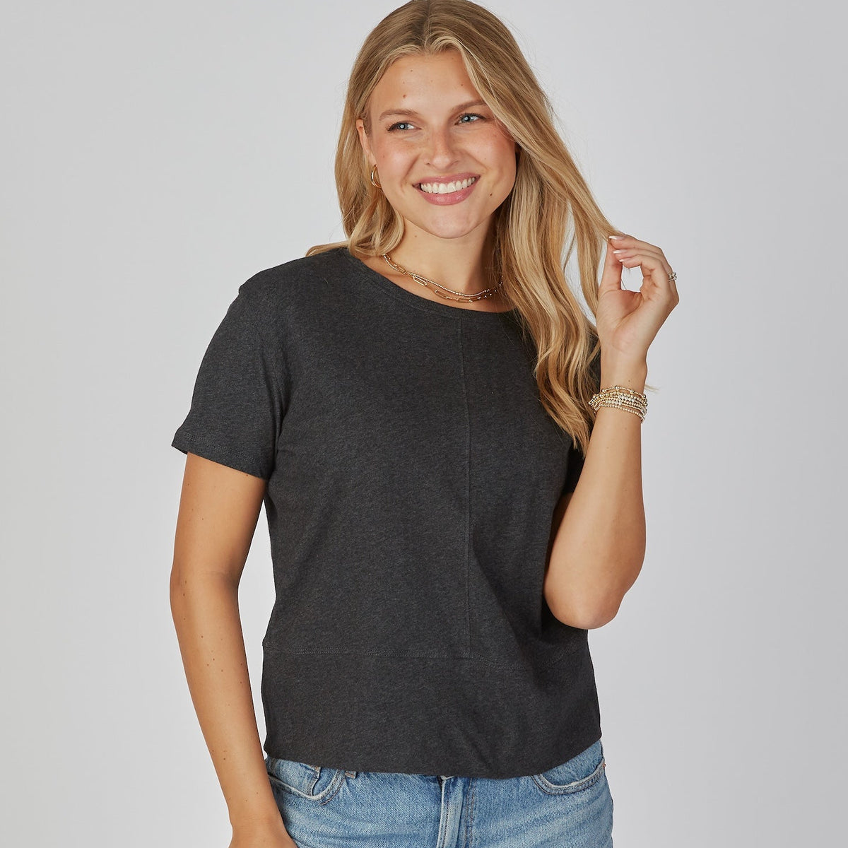 Celia Perfect Length Tee in Dark Heathered Gray - Short Sleeve erin gray