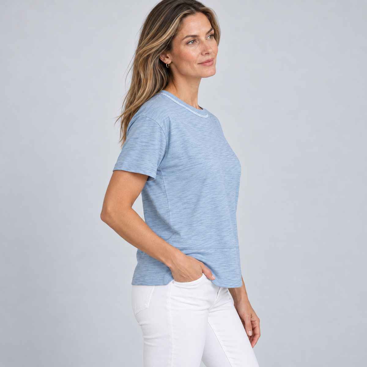 Charli Tee in Dusty Blue with White Contrast Stitching - Short Sleeve erin gray