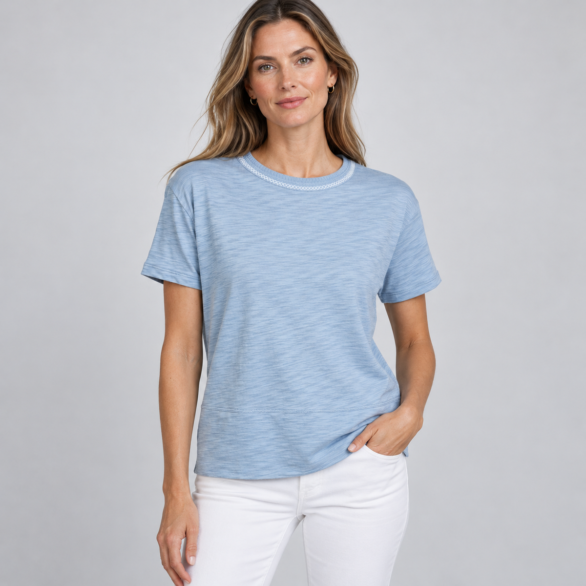 Charli Tee in Dusty Blue with White Contrast Stitching - Short Sleeve erin gray