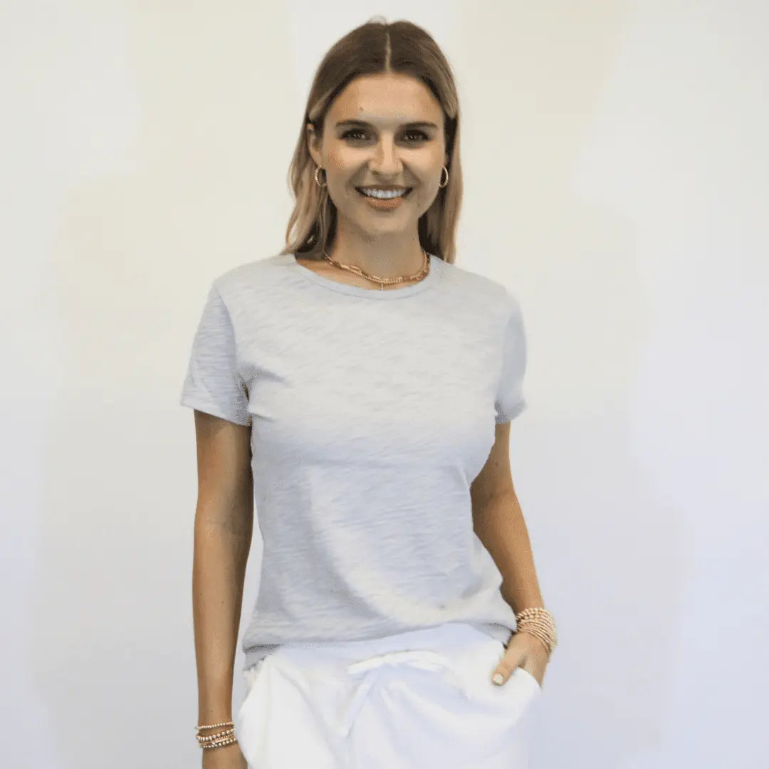 Light gray short sleeve classic tee by erin gray, casual apparel top with a round neckline and comfortable fit.