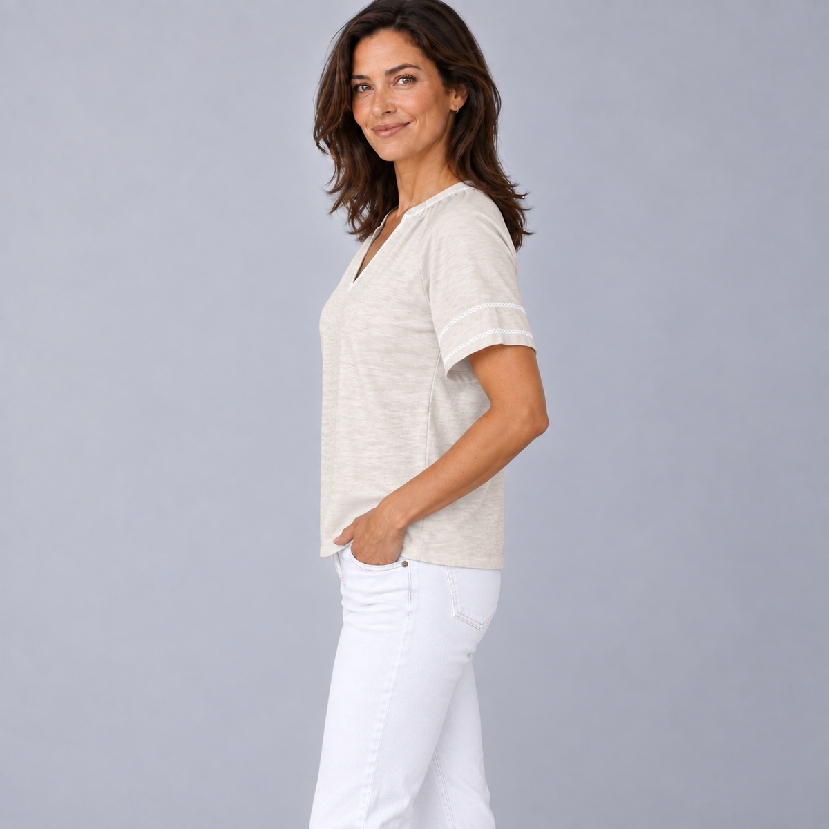 Daisy Embroidered Top in Oyster with White Stitch - Short Sleeve erin gray