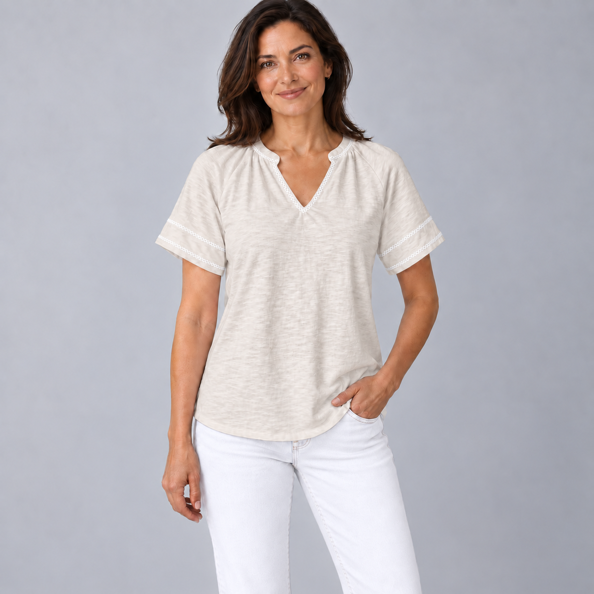 Daisy Embroidered Top in Oyster with White Stitch - Short Sleeve erin gray