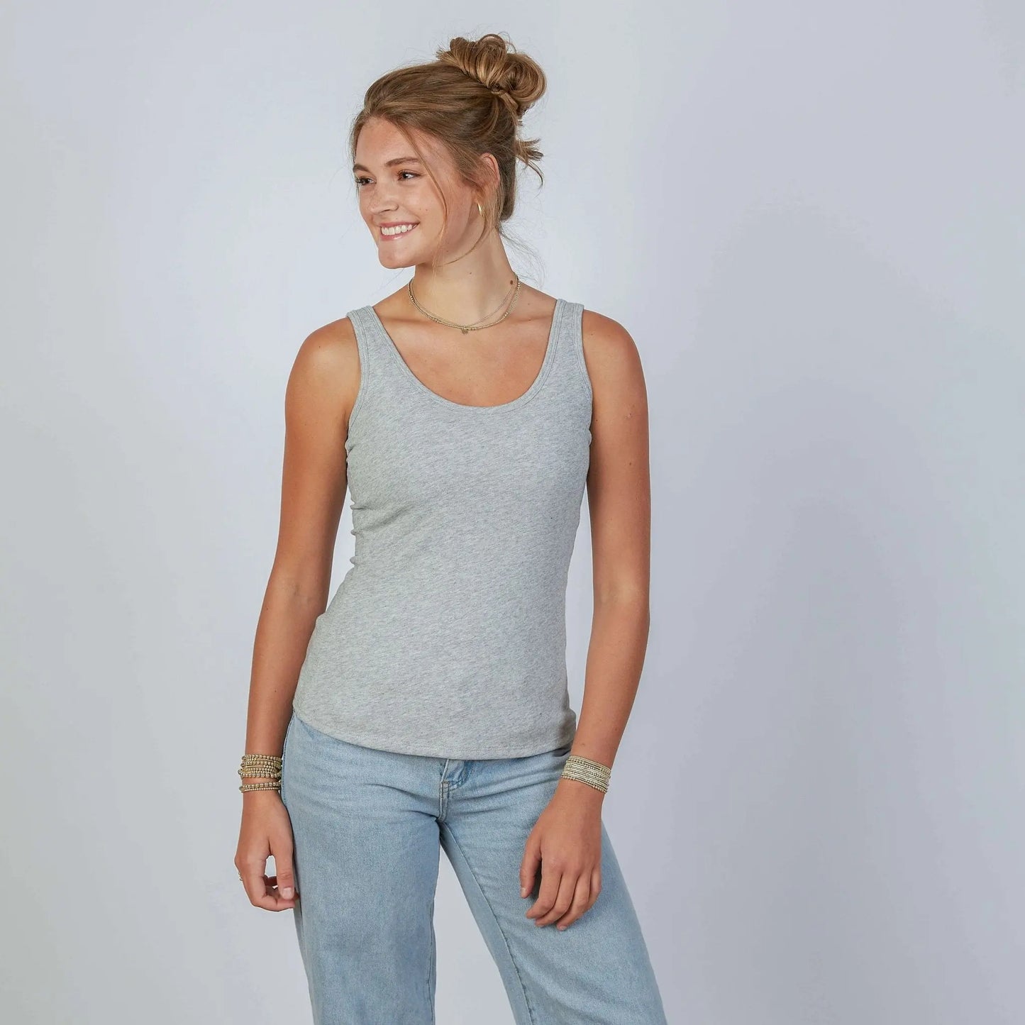 Light gray double layer Pima cotton tank top by erin gray, front view showing soft fabric and fitted design.