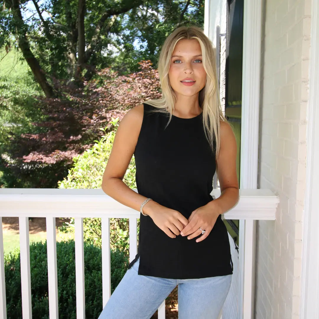 Black Essential Yoga Tank top by erin gray, lightweight and fitted apparel for yoga or active wear.