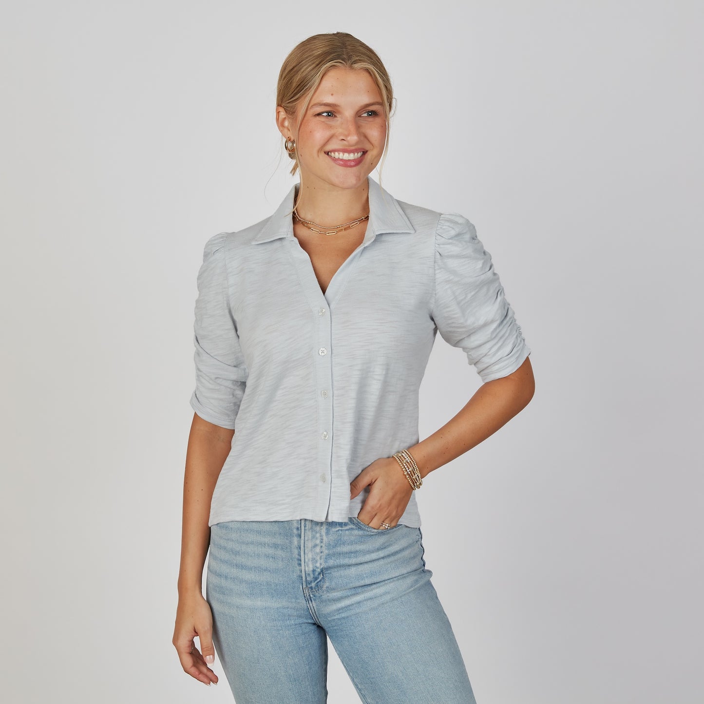 Grace Button-Up Elbow-Length Tee in Arctic Blue erin gray
