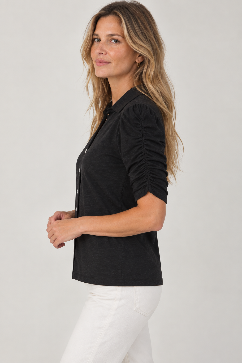 Grace Button-Up Elbow-Length Tee in Black erin gray