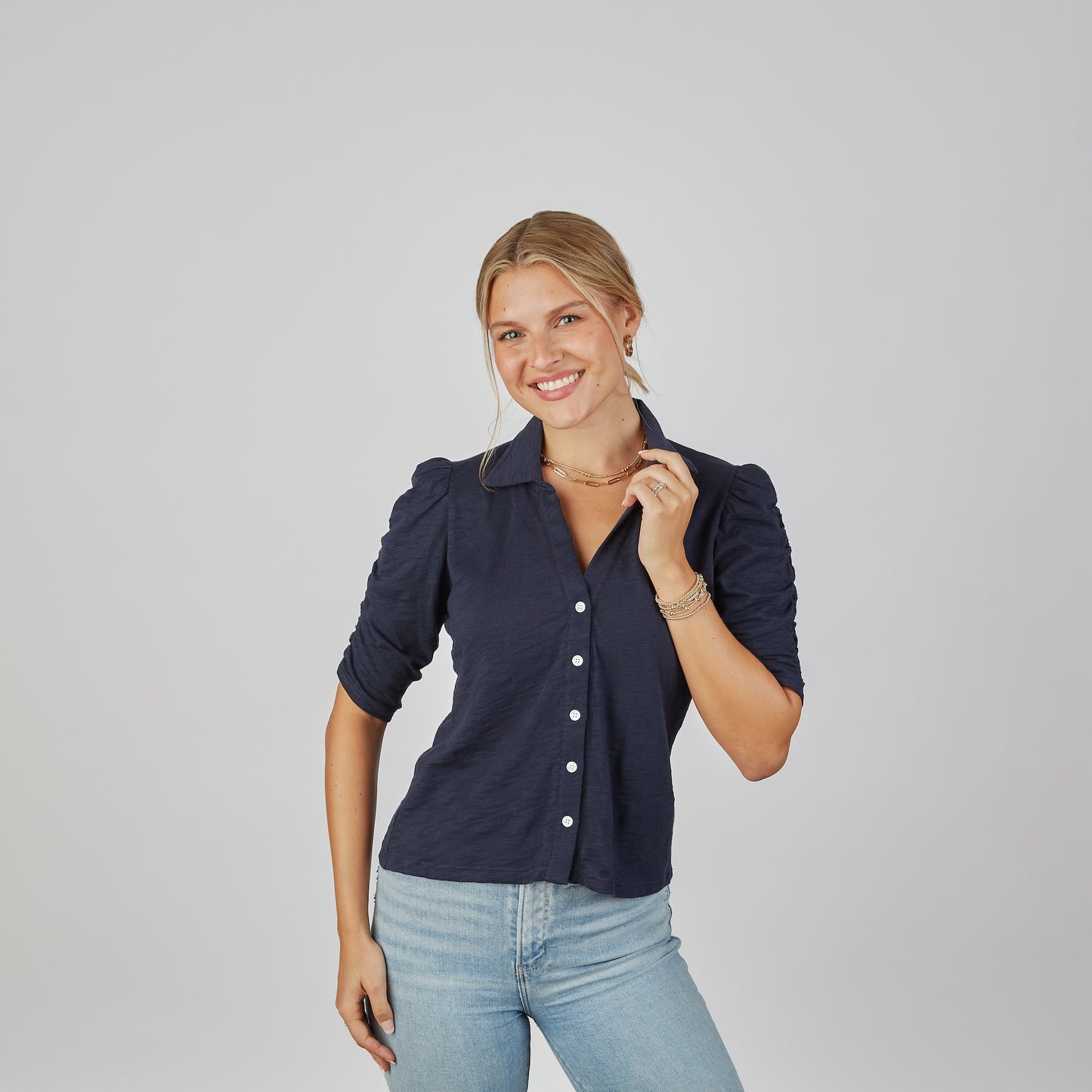 Grace Button-Up Elbow-Length Tee in Navy erin gray