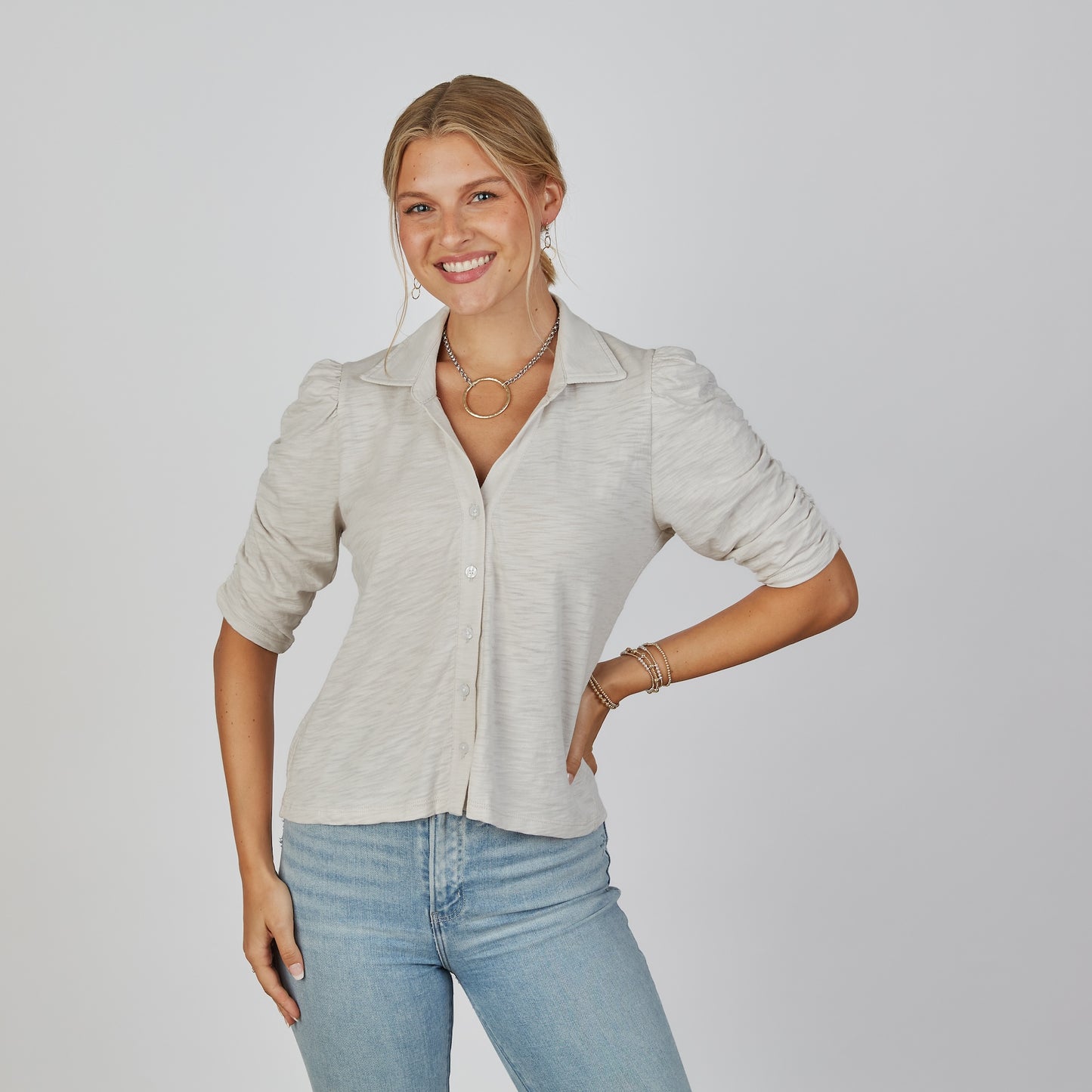 Grace Button-Up Elbow-Length Tee in Oyster erin gray