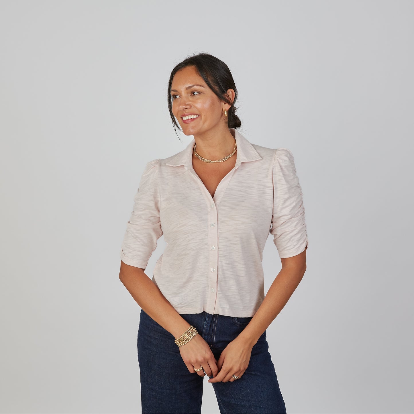 Grace Button-Up Elbow-Length Tee in Light Pink erin gray