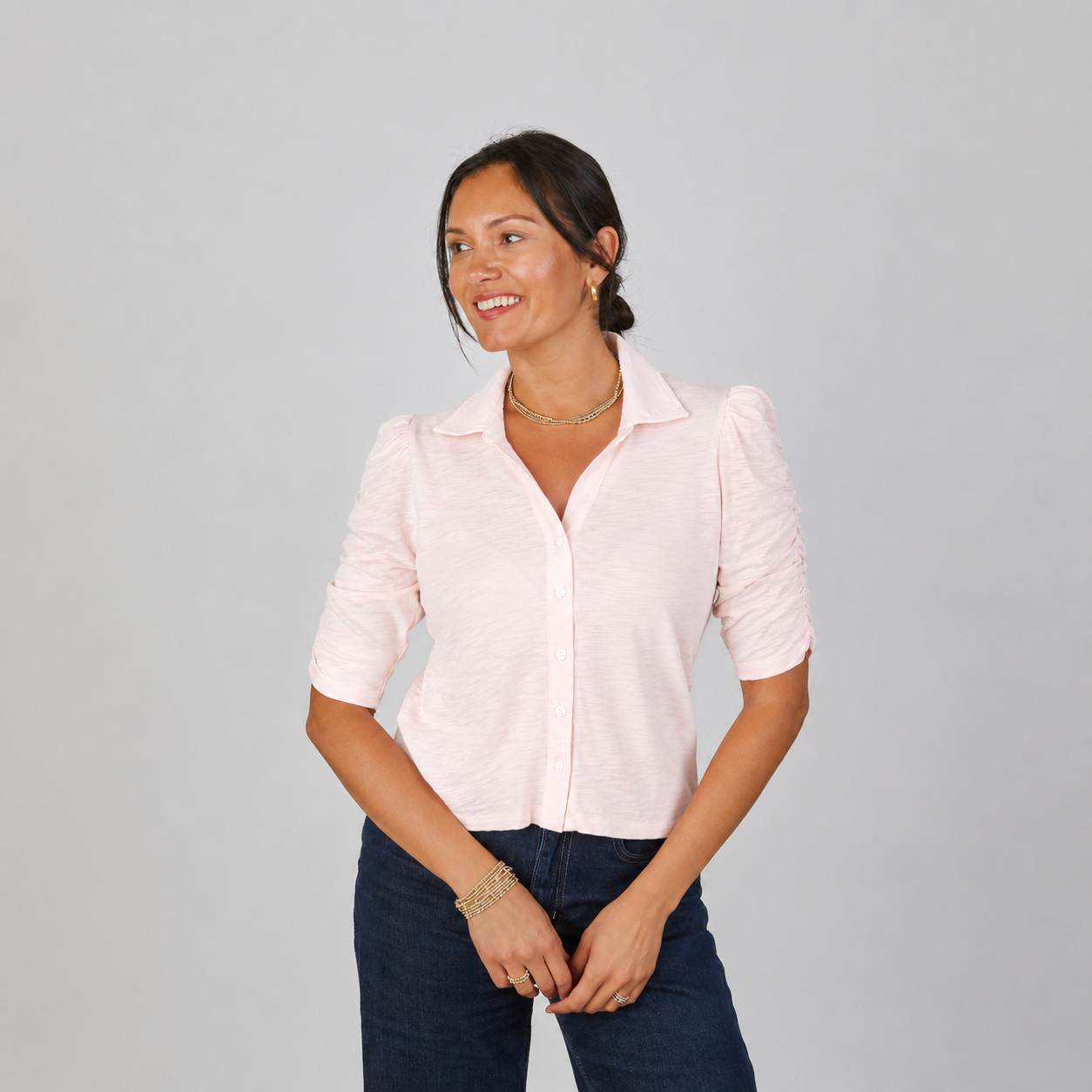 Grace Button-Up Elbow-Length Tee in Light Pink erin gray