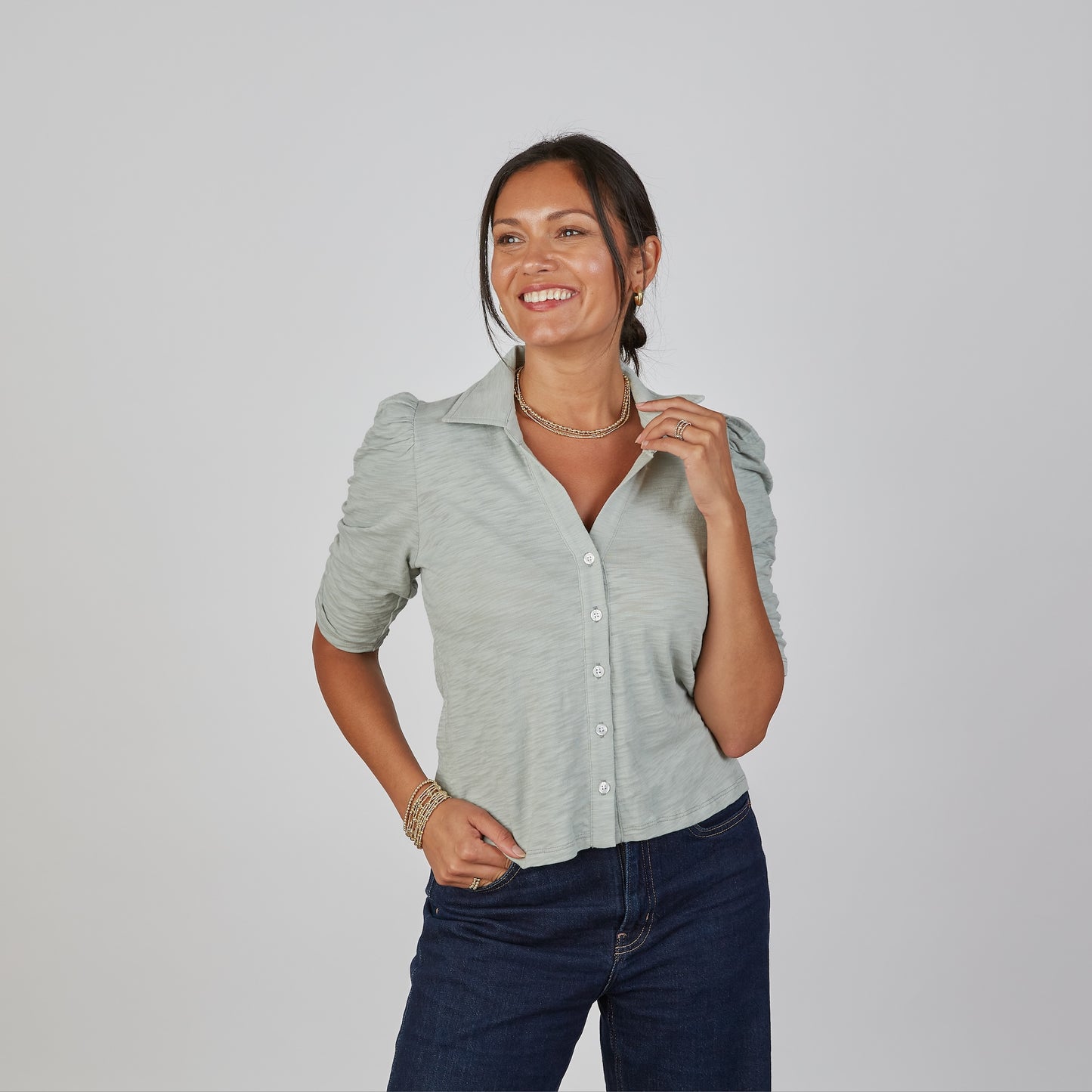 Grace Button-Up Elbow-Length Tee in Sea Glass Blue erin gray