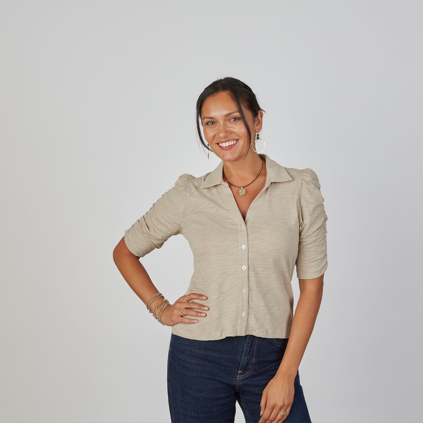 Grace Button-Up Elbow-Length Tee in Washed Taupe erin gray