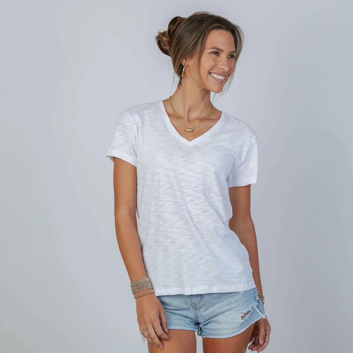 White short sleeve jeans V-neck top by erin gray, featuring a casual fit and clean denim-inspired design.