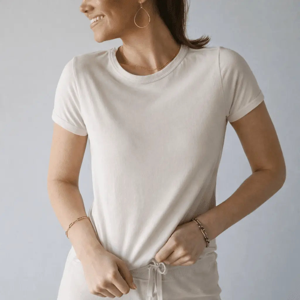 Erin Gray polished short sleeve tee in oyster, showcasing smooth fabric and classic fit, ideal for casual or layered looks.