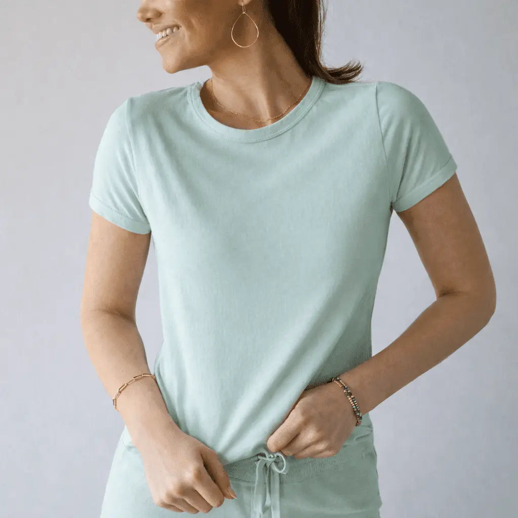 Polished Tee in Sea Glass Blue by erin gray, short sleeve apparel with a smooth, polished look, displayed flat.
