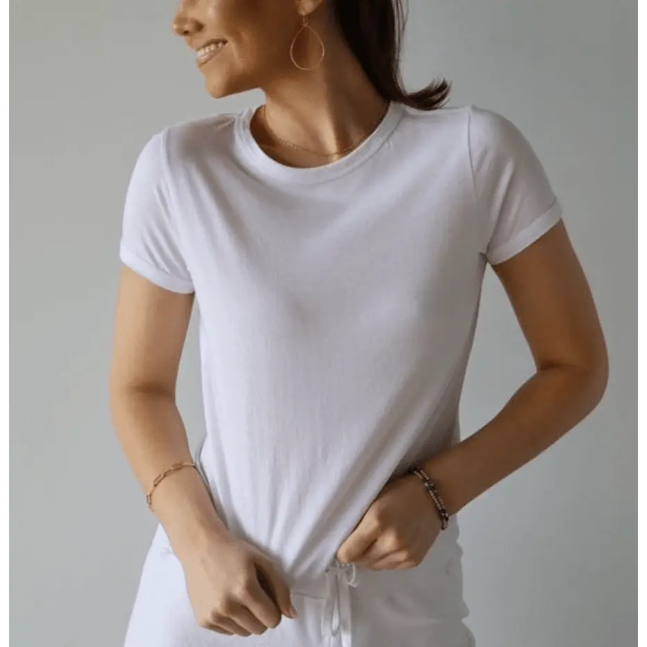 White polished tee by erin gray, short sleeve apparel, showcasing a sleek, fitted design on a plain background.