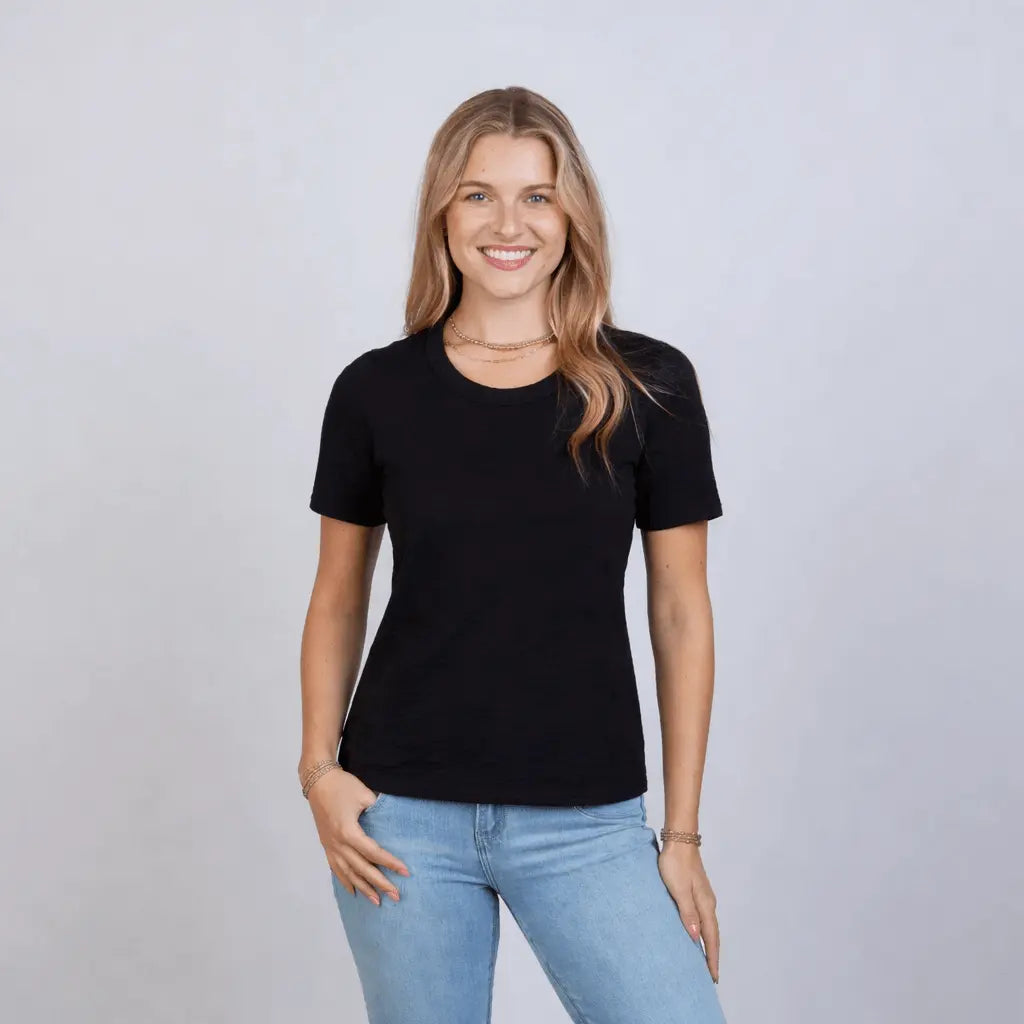 Black Saturday Short Sleeve Tee by erin gray, showcasing a casual black apparel T-shirt with short sleeves and a relaxed fit.