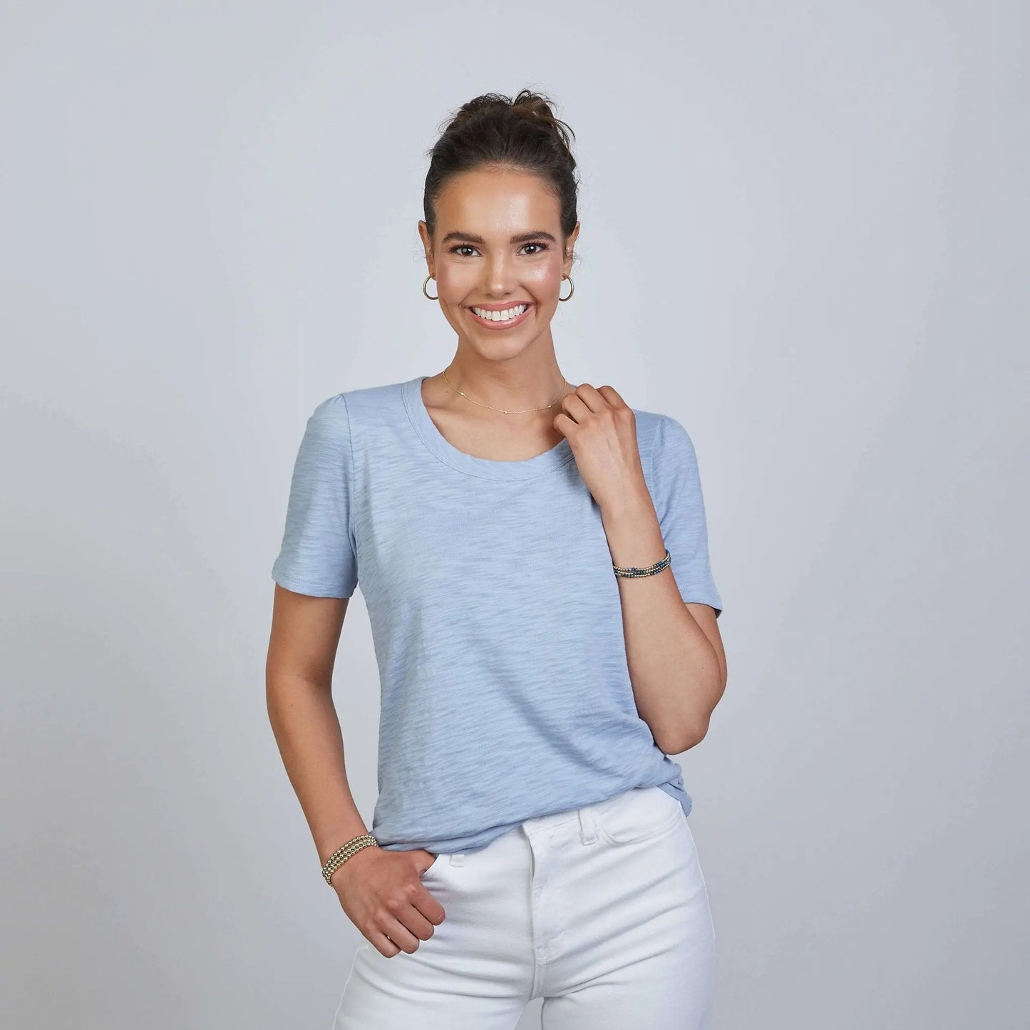 Erin Gray petite Saturday short sleeve tee in periwinkle, casual women's apparel with a relaxed fit and soft fabric.