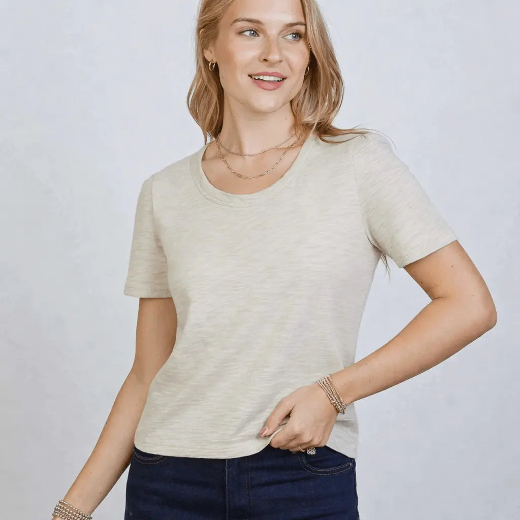 Erin Gray Saturday short sleeve tee in sandy beige, casual women's apparel, front view showing relaxed fit and soft fabric.