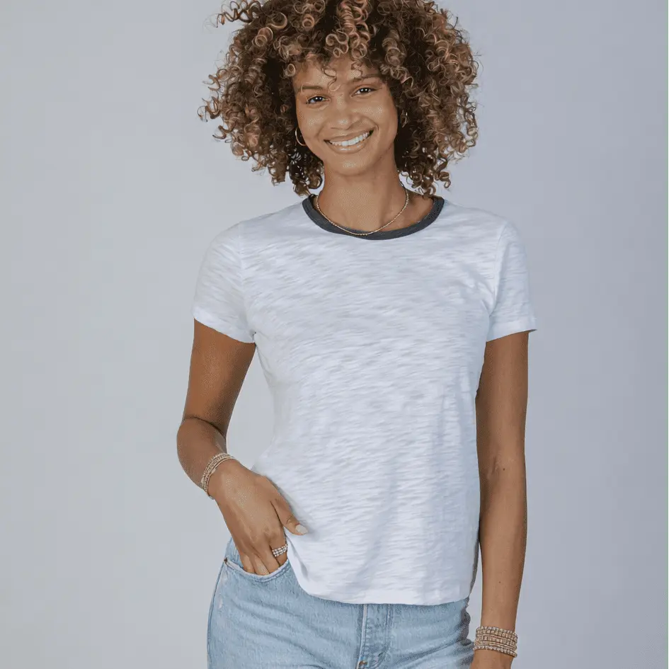 White short sleeve Rebel Tee by erin gray with dark heather gray contrast on the collar and sleeves.