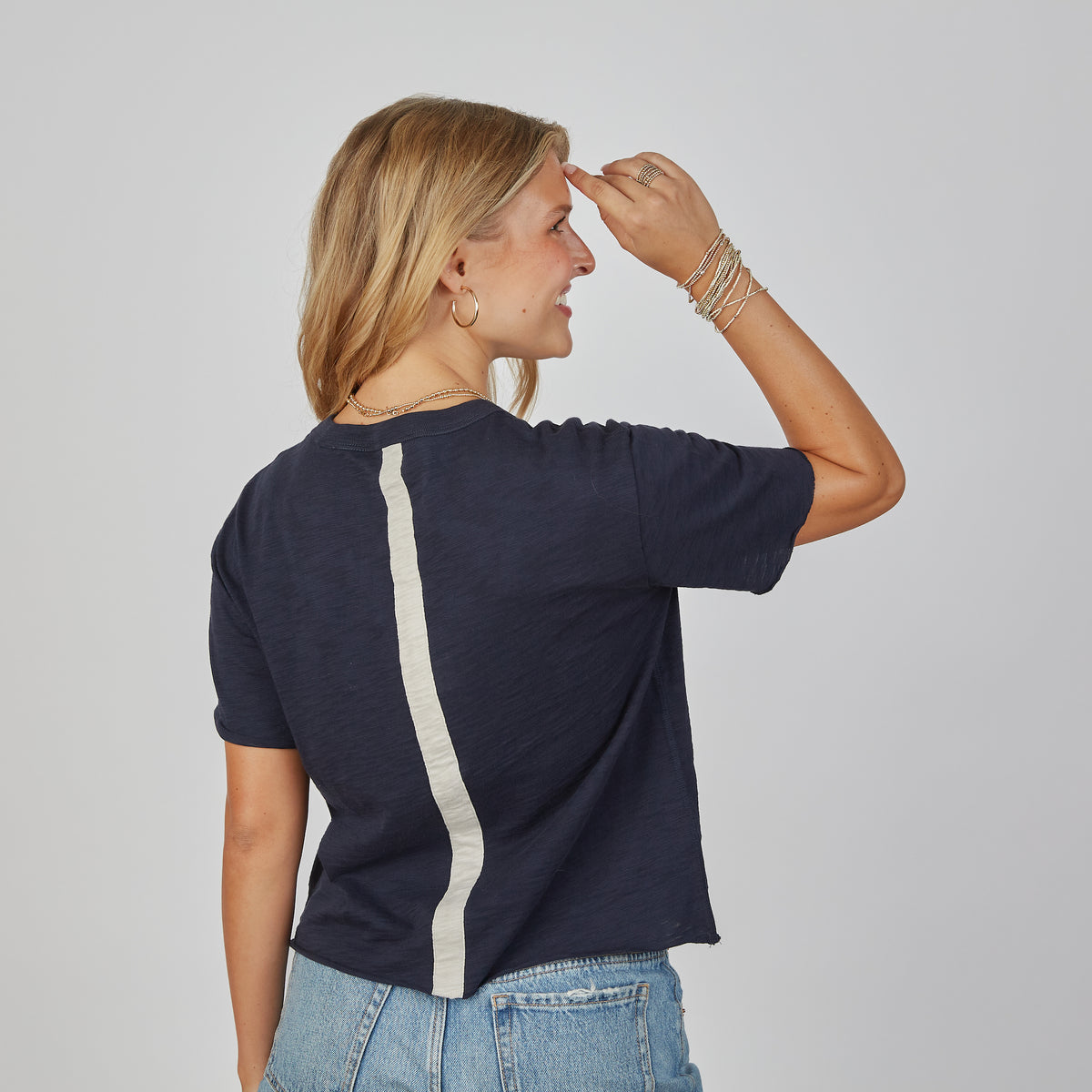 Relaxed Crew in Navy with Oyster Stripe - Short Sleeve erin gray