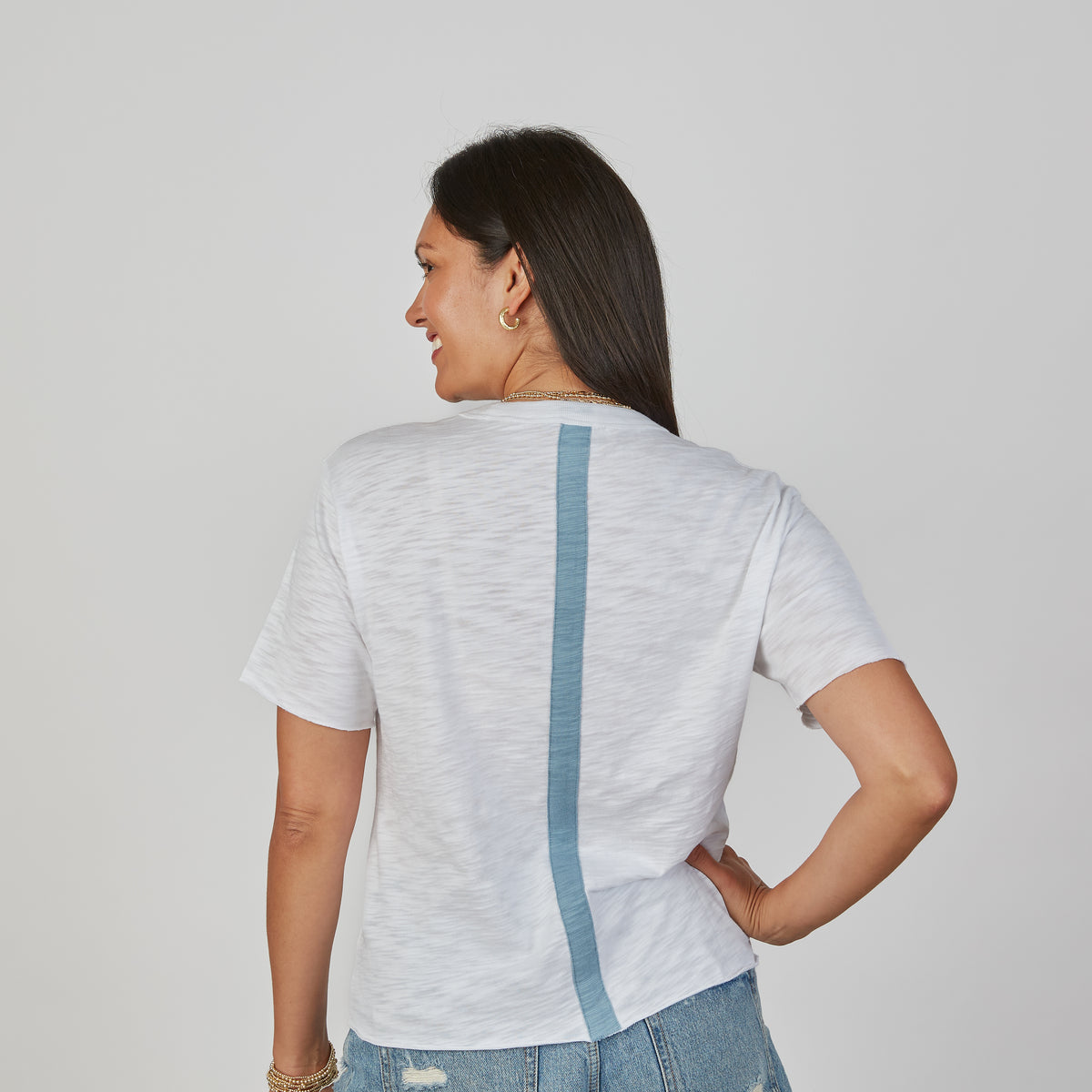 Relaxed Crew in White with Denim Blue Stripe- Long Sleeve erin gray