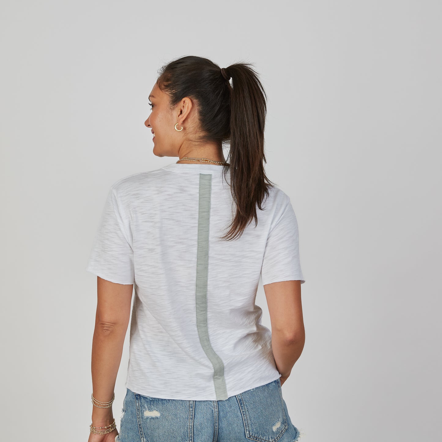 Relaxed Crew in White with Denim Blue Stripe - Short Sleeve erin gray