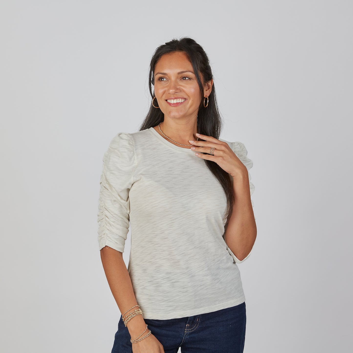 Sophie Ruched Elbow-length Tee in Oyster erin gray