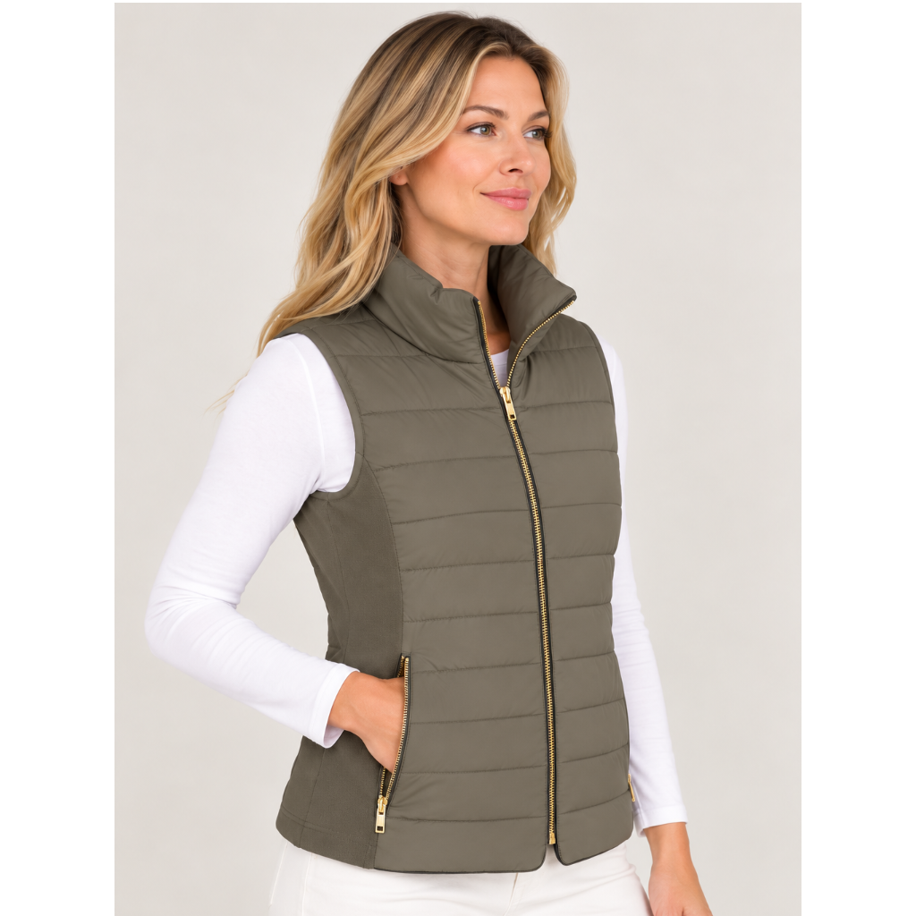 The Icon Perfect Fit Puffer Vest in Brown & Black erin gray
