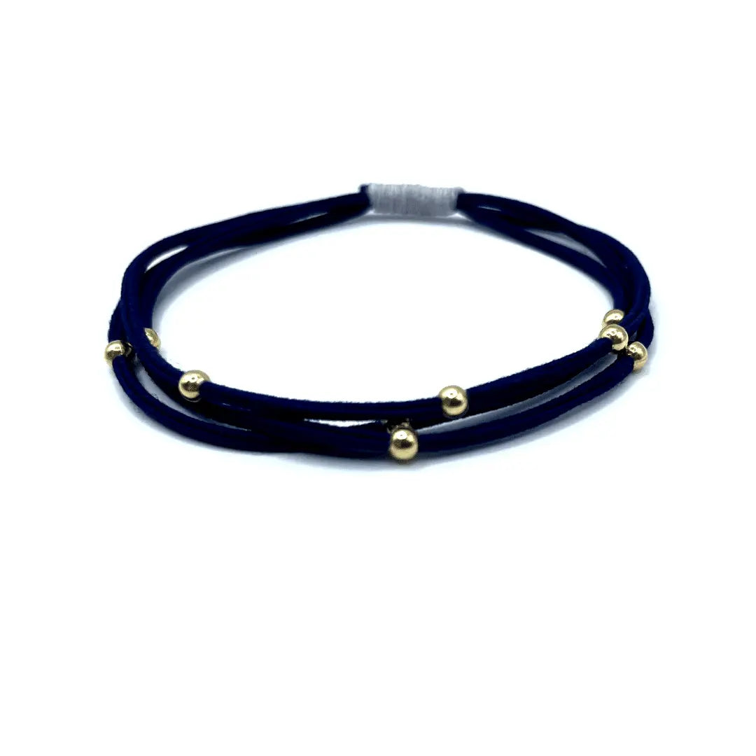 Gold waterproof hair band by erin gray, navy and gray single Water Pony 3mm hair accessory for hair styling.