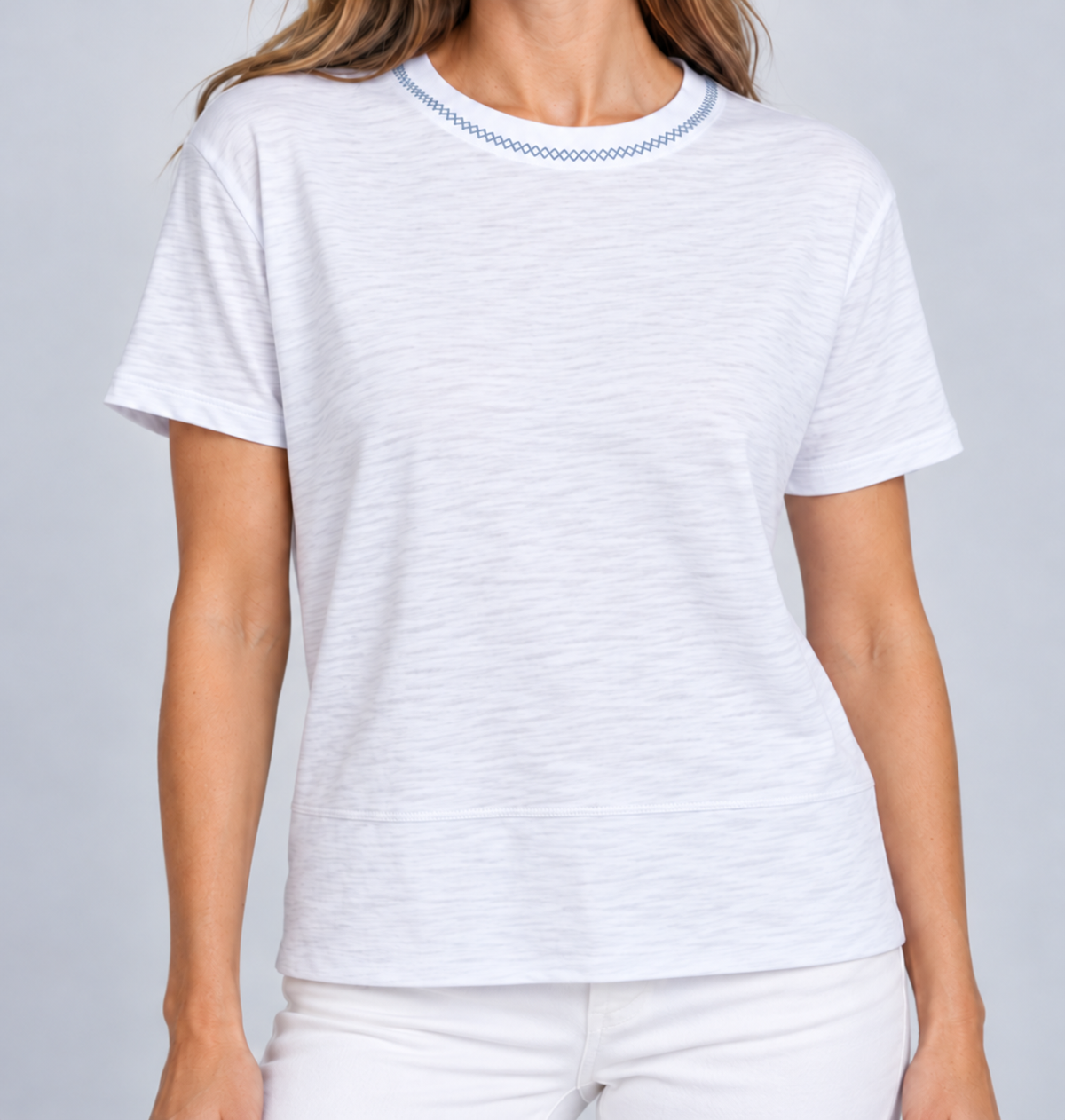 Charli Tee in White with Dusty Blue Contrast Stitching - Short Sleeve erin gray