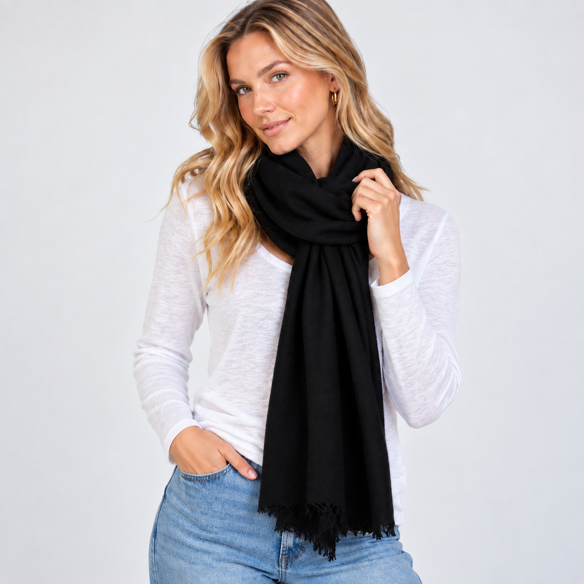 100% Mongolian Cashmere Scarf in Black erin gray