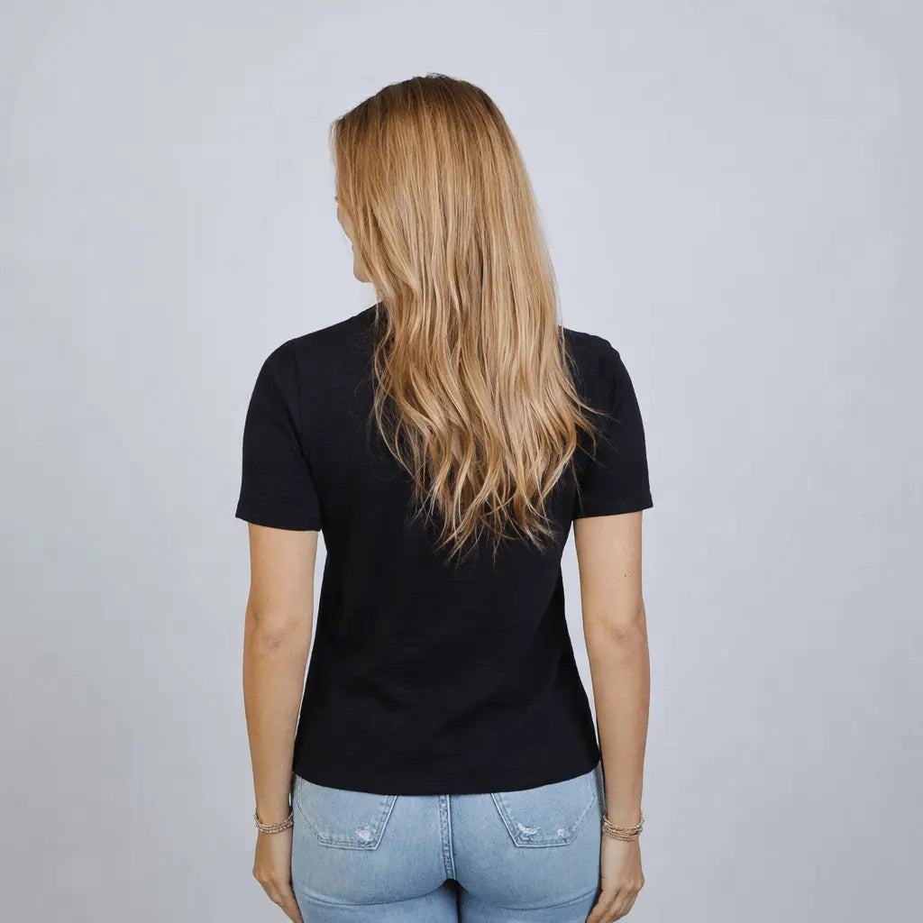 Black petite Saturday short sleeve tee from erin gray, casual black apparel with a comfortable fit and classic crew neckline.